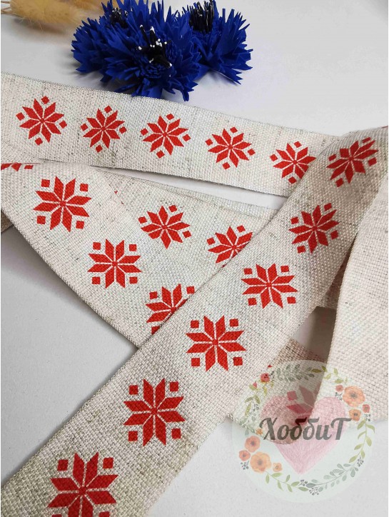 Лента отделочная Лён бел. орнамент 30мм. (лён/красный), Р.90953П